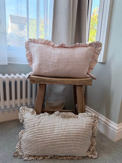 Ruffle Lumbar Cushion in Olive Pinstripe