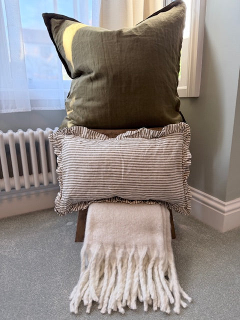 Ruffle Lumbar Cushion in Olive Pinstripe
