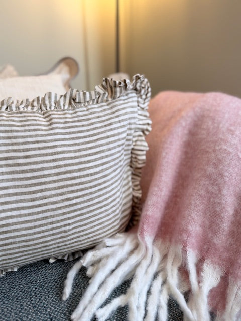 Ruffle Lumbar Cushion in Olive Pinstripe