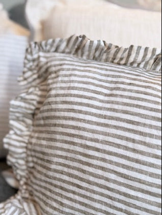 Ruffle Lumbar Cushion in Olive Pinstripe